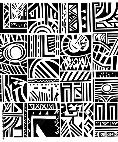 A black-and-white abstract pattern featuring geometric shapes and tribal motifs. photo