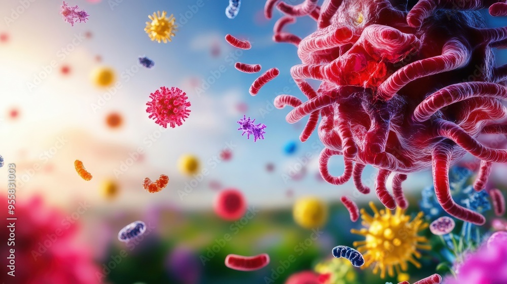 Vibrant microscopic view of viruses and bacteria in a colorful environment, showcasing the complexity of life at a cellular level. Vibrant microscopic view of viruses and bacteria in a colorful environment, showcasing the complexity of life at a cellular level.