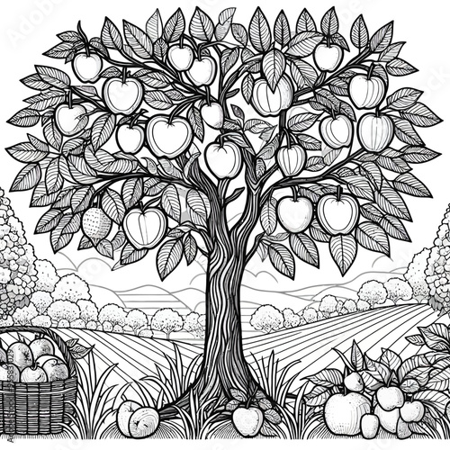 orchard scene with bold outlines of fruit trees, such as apple or peach trees