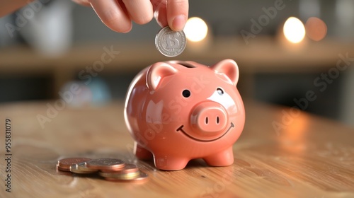 Saving Money Concept: Hand Holding Coin and Putting it into Piggy Bank photo