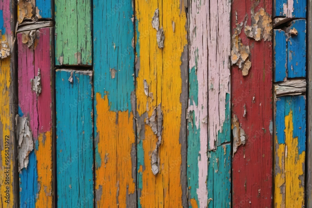 Weathered wooden wall with rough, textured planks and peeling paint, creating a vintage, grunge aesthetic Weathered wooden wall with rough, textured planks and peeling paint, creating a vintage, grunge aesthetic