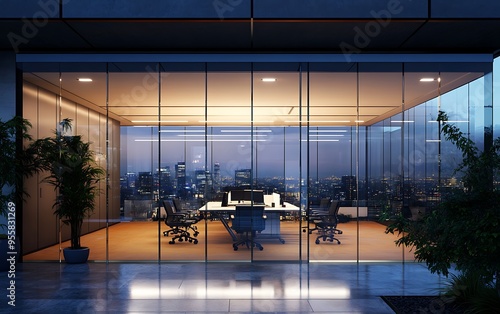 Rooftop Office with Glass Walls Offering Panoramic City Views and Seamless Urban Connection photo