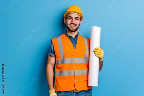 A construction engineer holding blueprint isolated on background photo