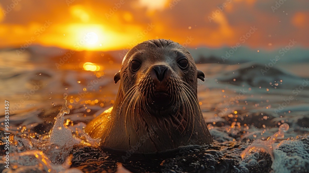 Fototapeta premium Golden Hour with Galapagos Sea Lion: Stunning Sunset Shot