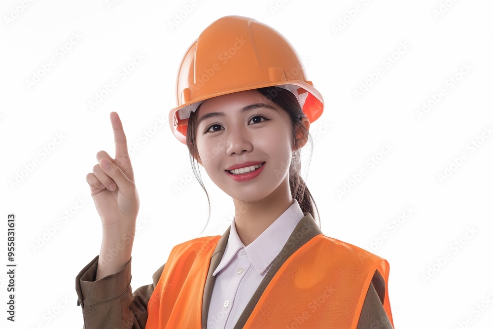 Engineer in an orange helmet and vest hand gesture isolated on background Engineer in an orange helmet and vest hand gesture isolated on background