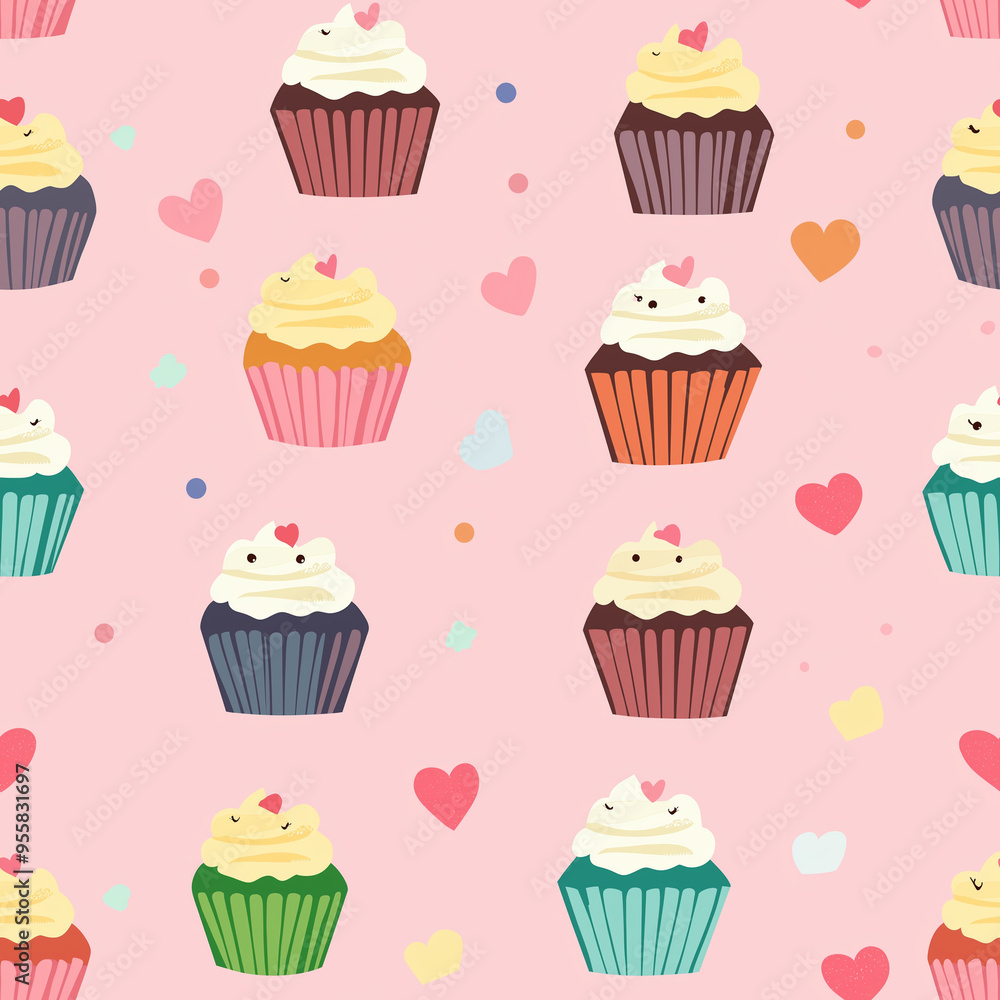 Flat design seamless pattern with cupcakes with frosting. Pink background Flat design seamless pattern with cupcakes with frosting. Pink background