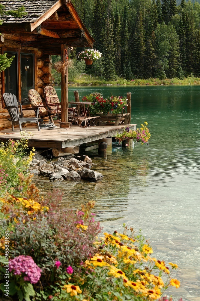 Naklejka premium Rustic Log Cabin with Deck Overlooking Serene Lake and Lush Greenery