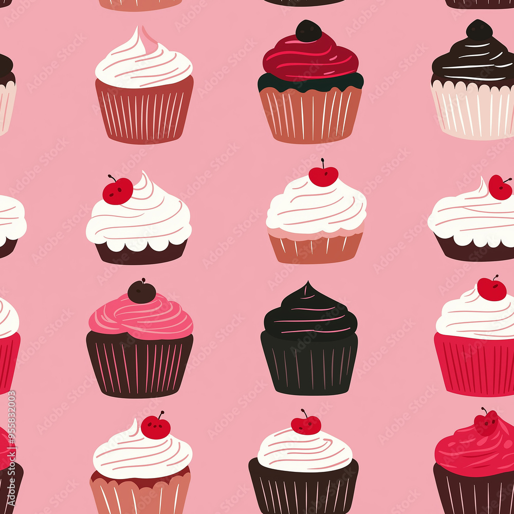 Flat design seamless pattern with cupcakes with frosting. Pink background Flat design seamless pattern with cupcakes with frosting. Pink background