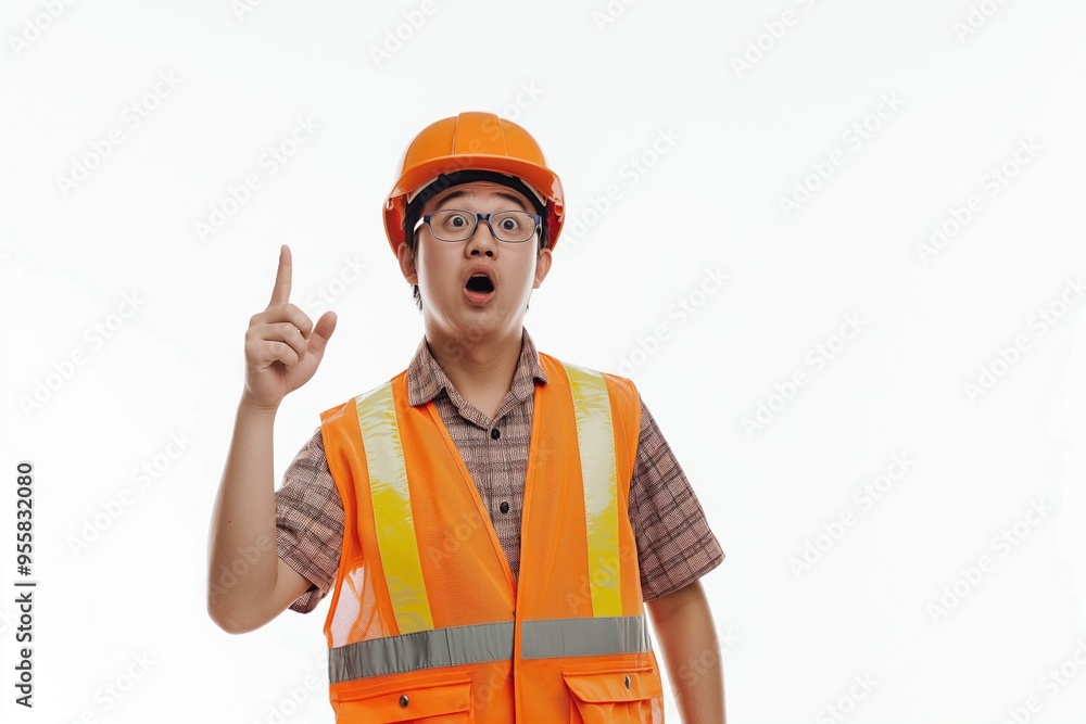 Engineer in an orange helmet and vest hand gesture isolated on background Engineer in an orange helmet and vest hand gesture isolated on background