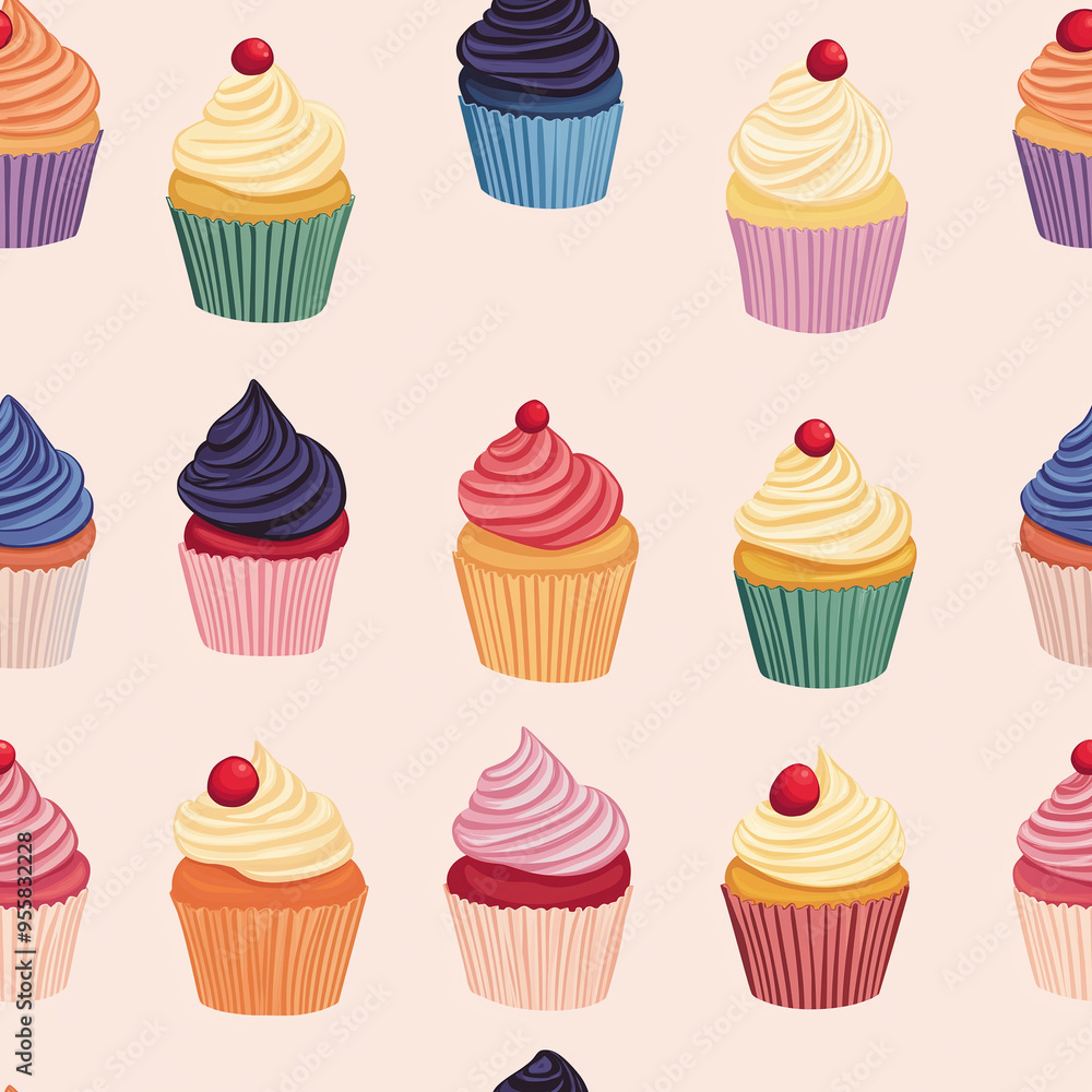 Flat design seamless pattern with cupcakes with frosting. Pink background Flat design seamless pattern with cupcakes with frosting. Pink background