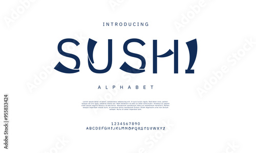 Sushi creative modern japan urban alphabet font. Digital abstract futuristic, game, techno, robot, music, logo, sport, minimal technology typography. Simple numeric vector illustration