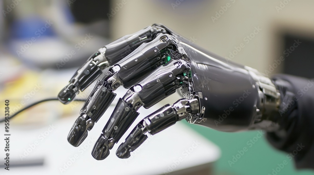 Closeup of a Robotic Hand with Glowing Green Lights Closeup of a Robotic Hand with Glowing Green Lights