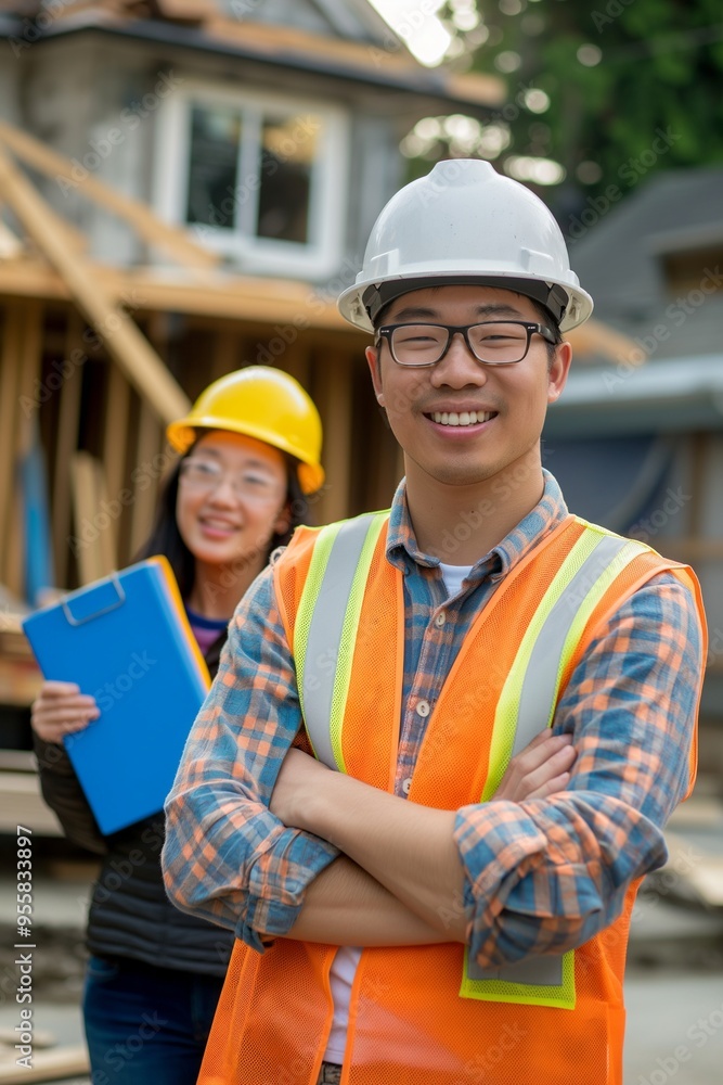 Construction workers wearing safety vest and helmet Construction workers wearing safety vest and helmet