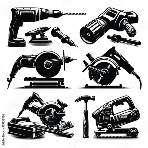 power tools like a drill, circular saw, angle grinder, and jackhammer shilouette