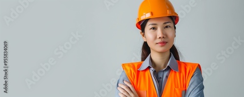 Engineer wearing an orange safety vest and helmet on white background photo