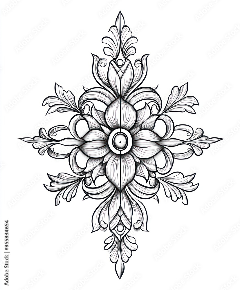 Ornate floral design featuring intricate patterns and symmetrical elements. Ornate floral design featuring intricate patterns and symmetrical elements.