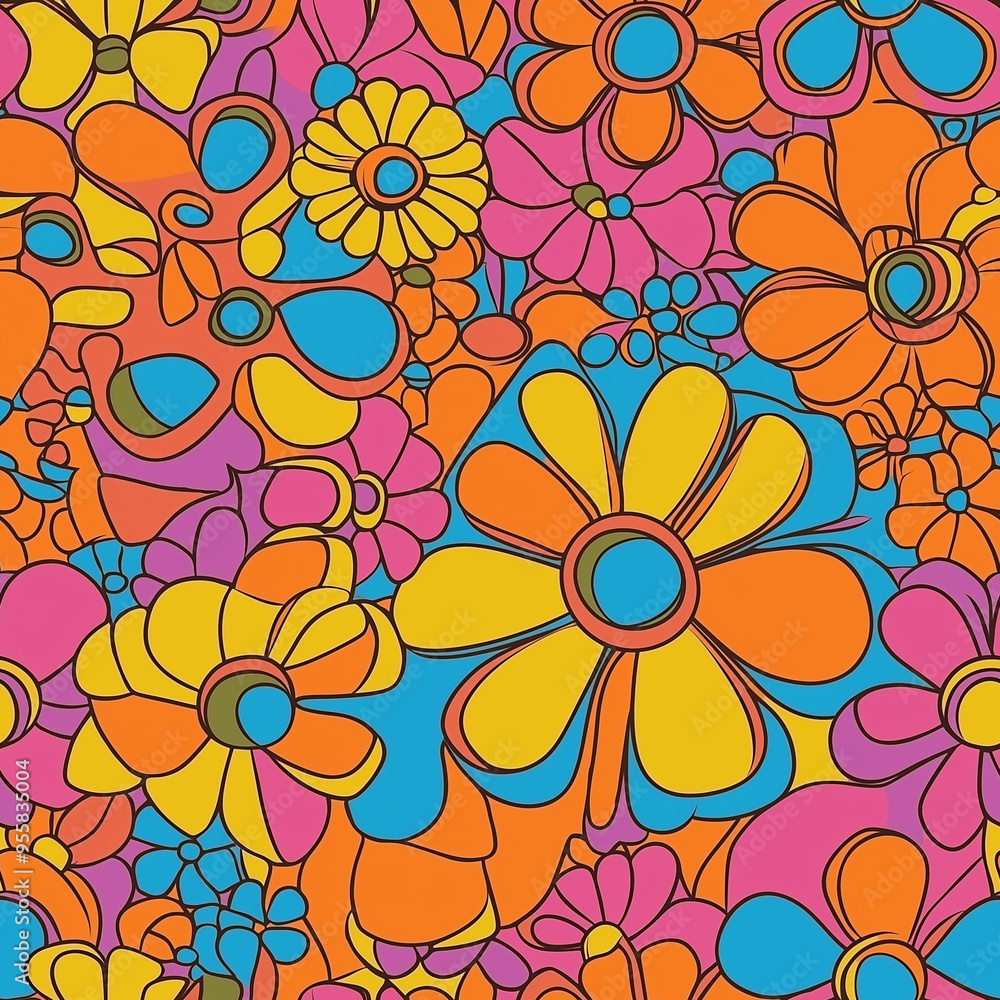 Groovy 1960s style hippie floral seamless pattern in bright pinks, yellows and blue Groovy 1960s style hippie floral seamless pattern in bright pinks, yellows and blue