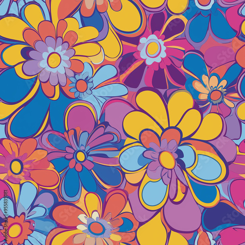 Wallpaper Mural Groovy 1960s style hippie floral seamless pattern in bright pinks, yellows and blue Torontodigital.ca