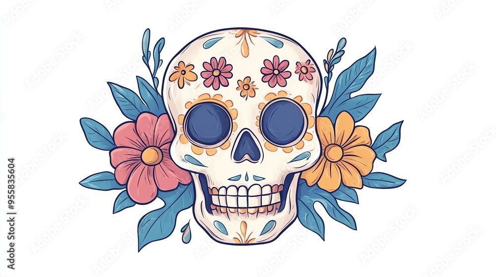 Fototapeta premium Traditional Sugar Skull Decorated with colorful patterns and flowers