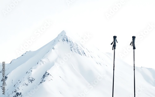 Ski Poles Crossed in Front of Snow-Capped Mountain on White Background photo