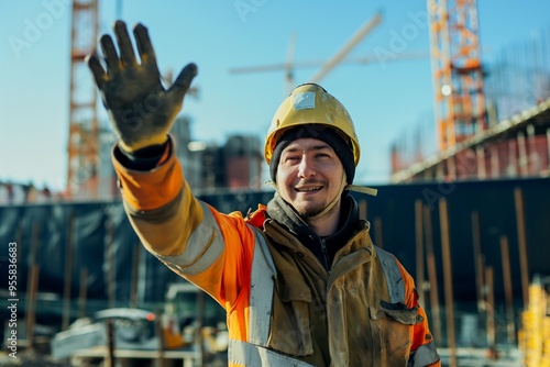 Construction worker wearing a hard hat and safety vest with hand gesture photo