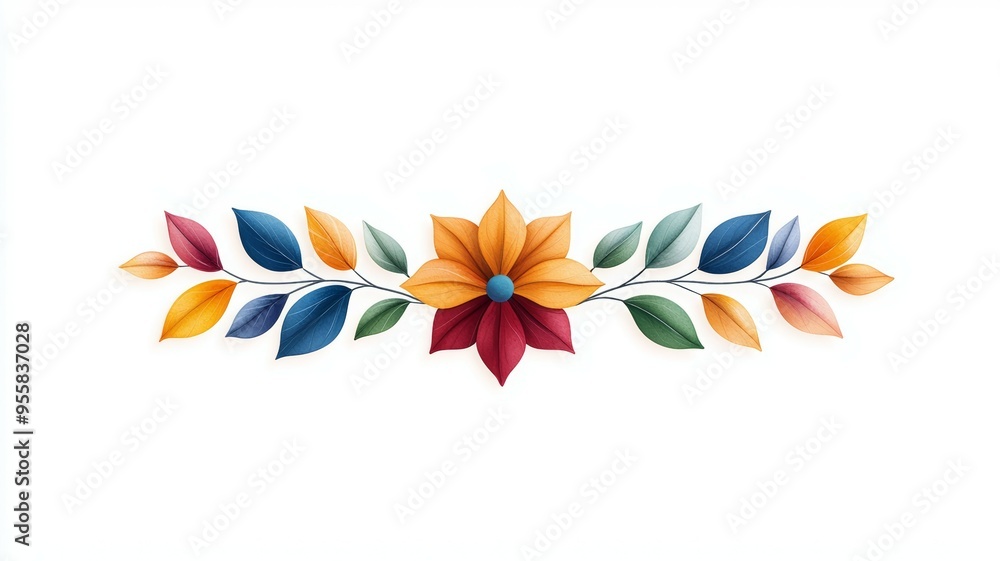 A colorful flower with leaves is drawn in the center of a white background A colorful flower with leaves is drawn in the center of a white background