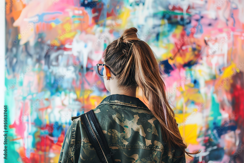 A woman is looking at a painting of a woman with a ponytail, A woman is looking at a painting of a woman with a ponytail,