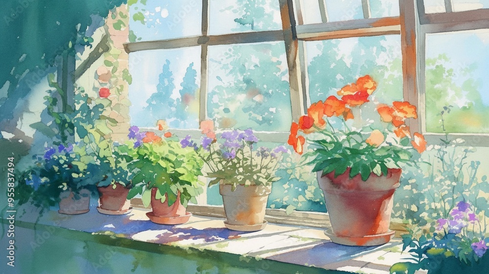 温室の窓辺に置かれた鉢植えの花2 温室の窓辺に置かれた鉢植えの花2
