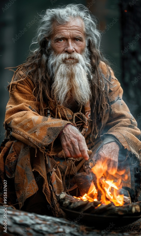 Spiritual essence: portrait of a shaman, capturing authenticity and deep connection to ancestral traditions, rituals, mystical wisdom that defines the shaman's role within community. Spiritual essence: portrait of a shaman, capturing authenticity and deep connection to ancestral traditions, rituals, mystical wisdom that defines the shaman's role within community.
