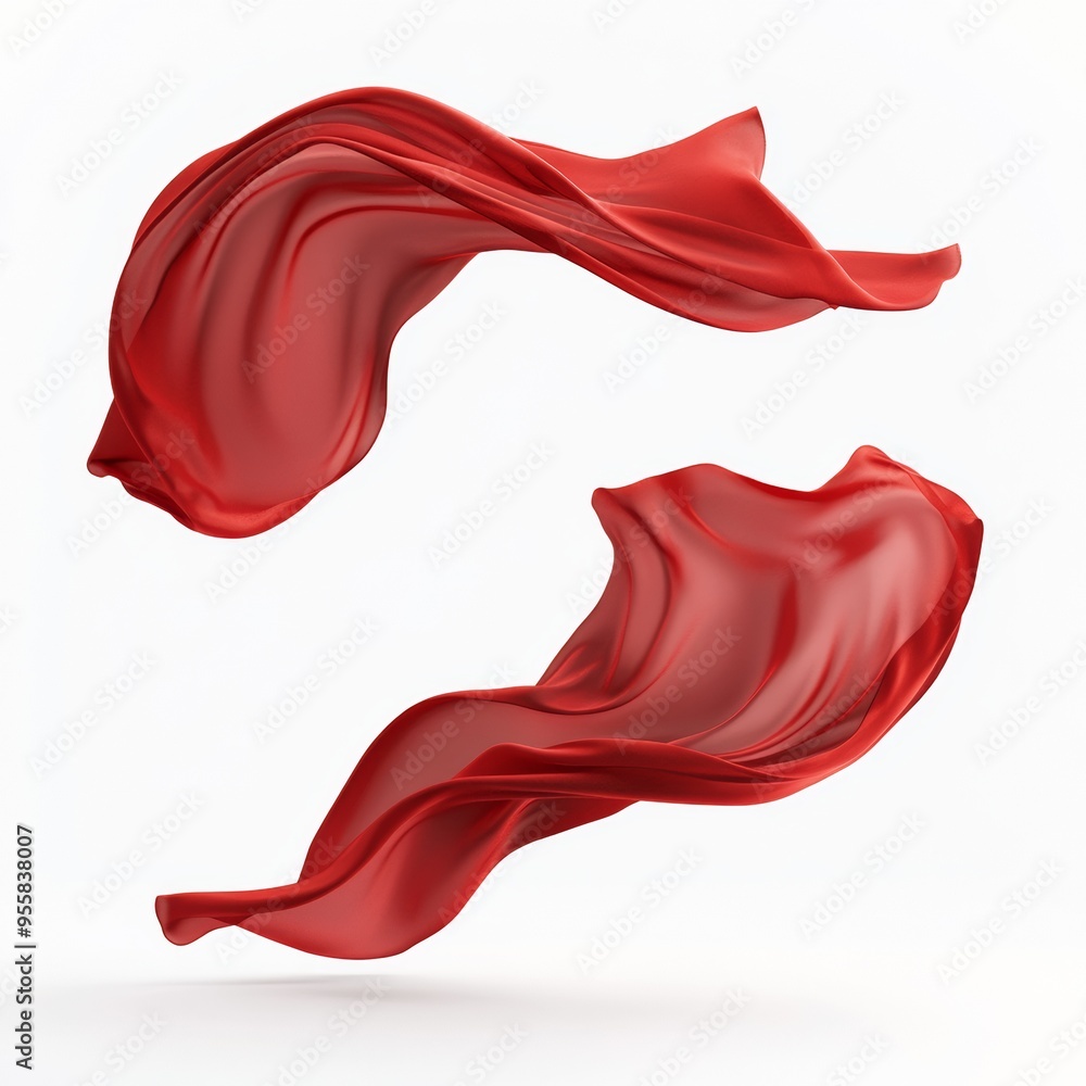 Two flying red silk fabrics isolated on a white background Two flying red silk fabrics isolated on a white background