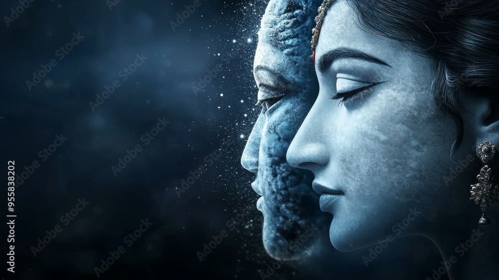 A woman and a man are shown in a blue background A woman and a man are shown in a blue background