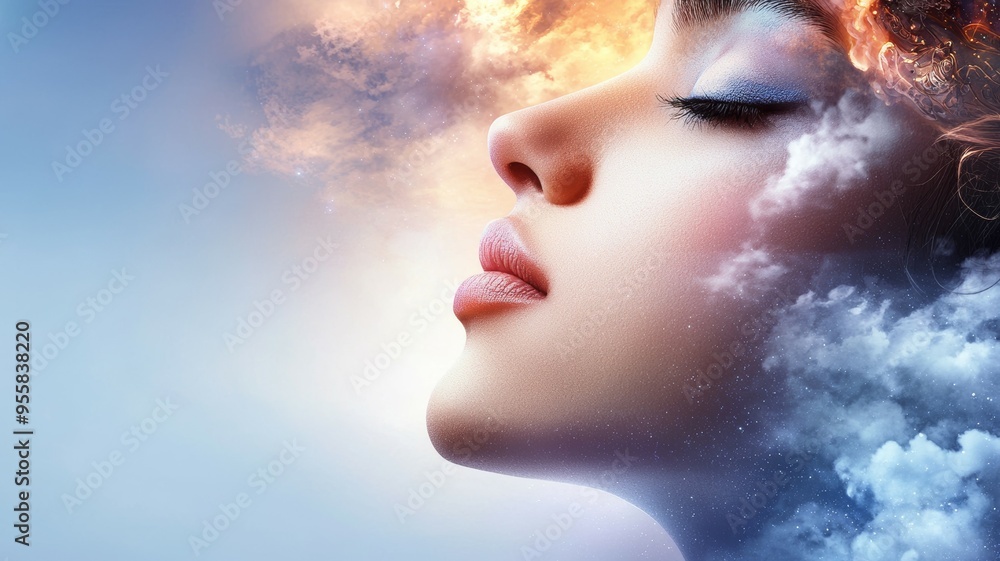 A woman's face is shown with clouds in the background A woman's face is shown with clouds in the background