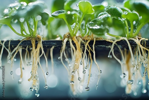 Hydroponic Greens: Close-up view of vibrant, healthy hydroponically grown plants with their roots visible, showcasing the intricate network and water droplets.  