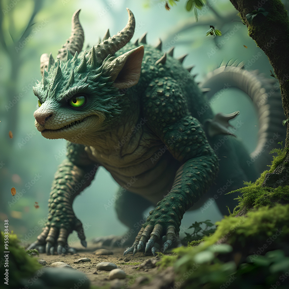 Lifelike 3D fantasy animal with a stylized smile, twisted armor and fiery emerald eyes in a fantasy world of mystical creatures (38) Lifelike 3D fantasy animal with a stylized smile, twisted armor and fiery emerald eyes in a fantasy world of mystical creatures (38)