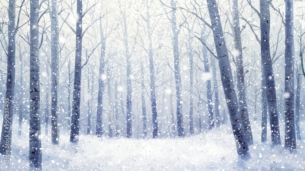 Fototapeta premium Snowy Winter Forest Landscape with Falling Snow