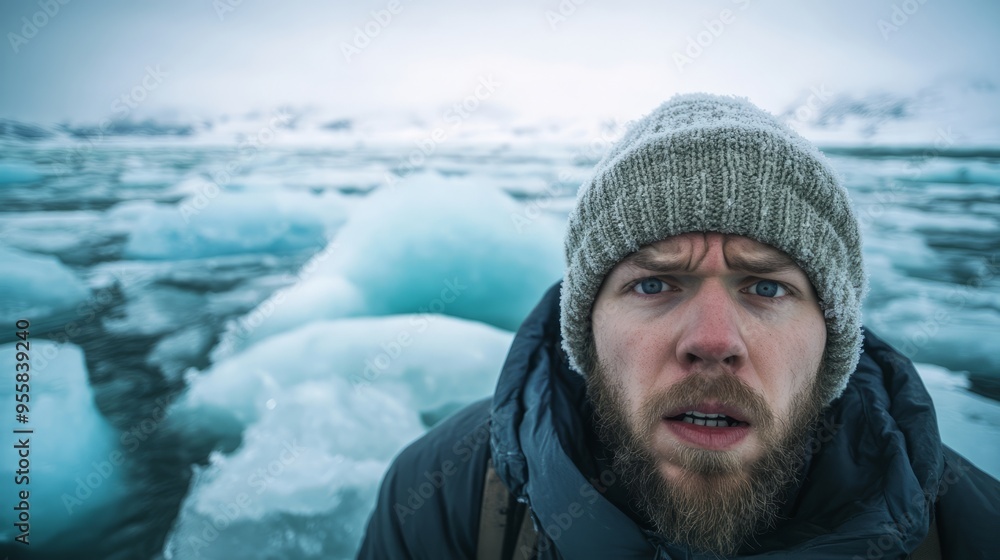 Climate change, warming, melting glaciers, rising sea levels, ice water, Human environment, Big Square ice, A man looks worried inside, face, person, hair, people, beard, boy, smiling, handsome, seri Climate change, warming, melting glaciers, rising sea levels, ice water, Human environment, Big Square ice, A man looks worried inside, face, person, hair, people, beard, boy, smiling, handsome, seri