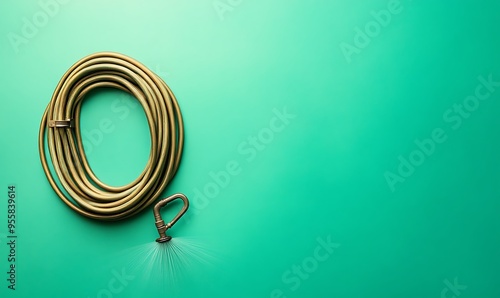 Coiled Garden Hose with Sprinkler on Green Background photo