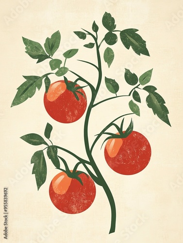 Tomato Plant Illustration: A vintage-inspired illustration of a tomato plant with three ripe tomatoes and lush green leaves on a neutral background.  