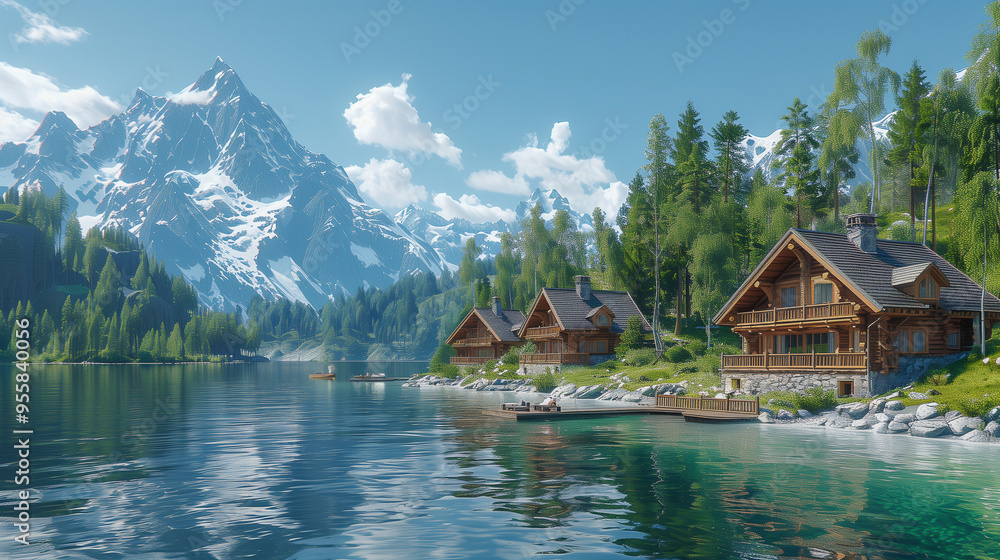 Charming Lakeside Cabins with Mountain Views in Summer Charming Lakeside Cabins with Mountain Views in Summer