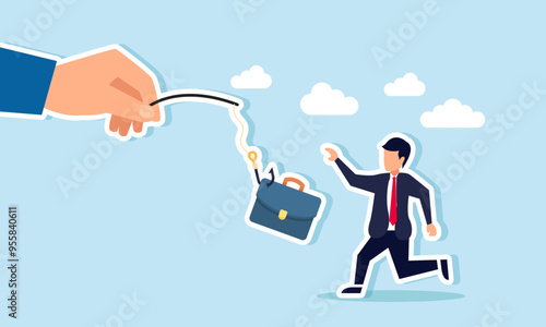 An employee chasing a baited hook with a briefcase, Illustration concept of An entrepreneur racing to secure a desired job or apply for a position
