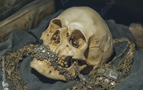 Skull with Jewelry Wearing rings, earrings, and necklaces photo