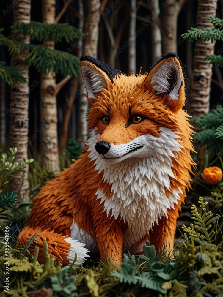 Naklejka premium A Sculpted needlework Fox in a Woodland Setting