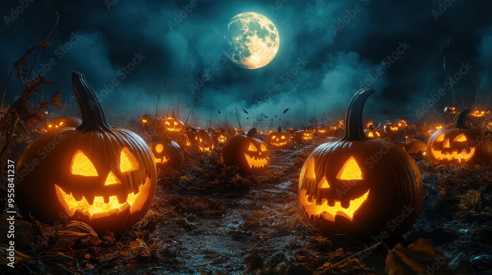 Fototapeta premium Jack-o'-lantern Field Under a Full Moon