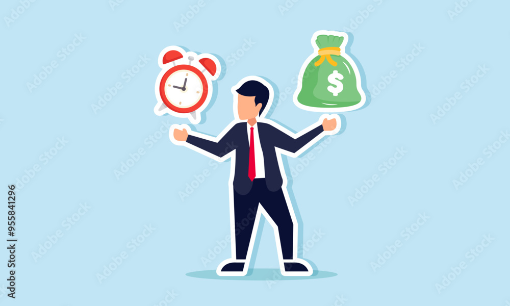 A businessman deciding between a sack of money or a time alarm, Illustration concept of Choosing between accumulating profit or having quality time A businessman deciding between a sack of money or a time alarm, Illustration concept of Choosing between accumulating profit or having quality time