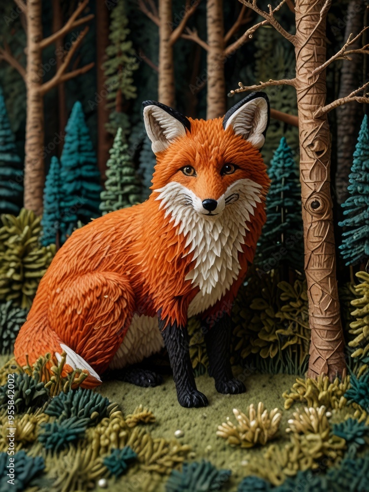 Naklejka premium A Sculpted needlework Fox in a Woodland Setting