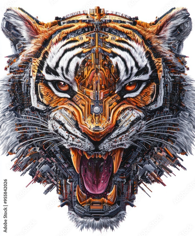 A fierce tiger's head composed of intricate mechanical elements and vibrant colors. A fierce tiger's head composed of intricate mechanical elements and vibrant colors.