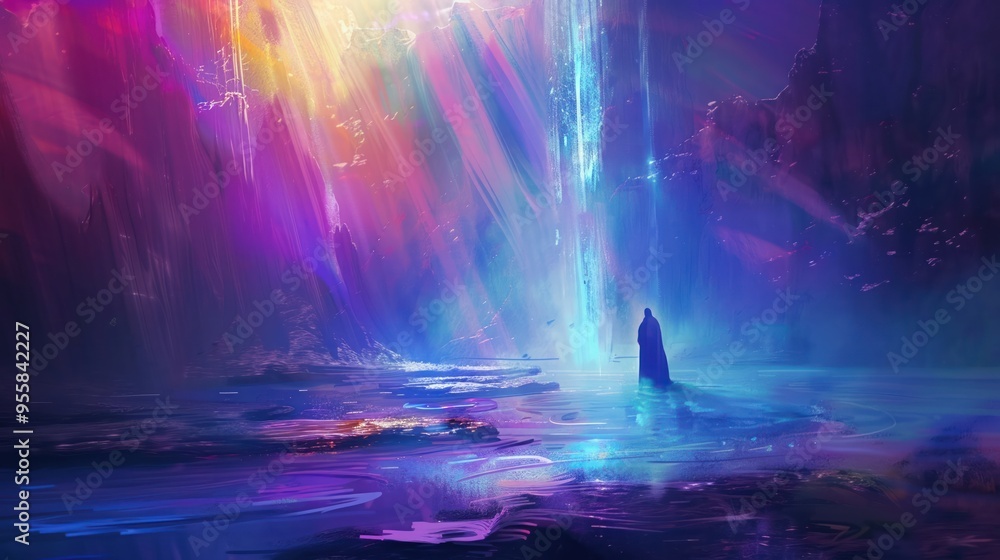 Jesus baptism in a futuristic river with neon water divine light from the heavens Jesus baptism in a futuristic river with neon water divine light from the heavens