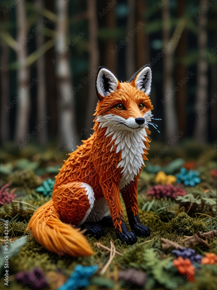 Fototapeta premium A Sculpted needlework Fox in a Woodland Setting