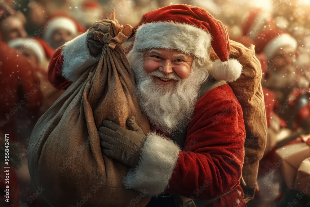 Jolly Santa Claus Holding a Bag of Gifts with a Joyful Expression, Spreading Holiday Cheer and Magic Jolly Santa Claus Holding a Bag of Gifts with a Joyful Expression, Spreading Holiday Cheer and Magic