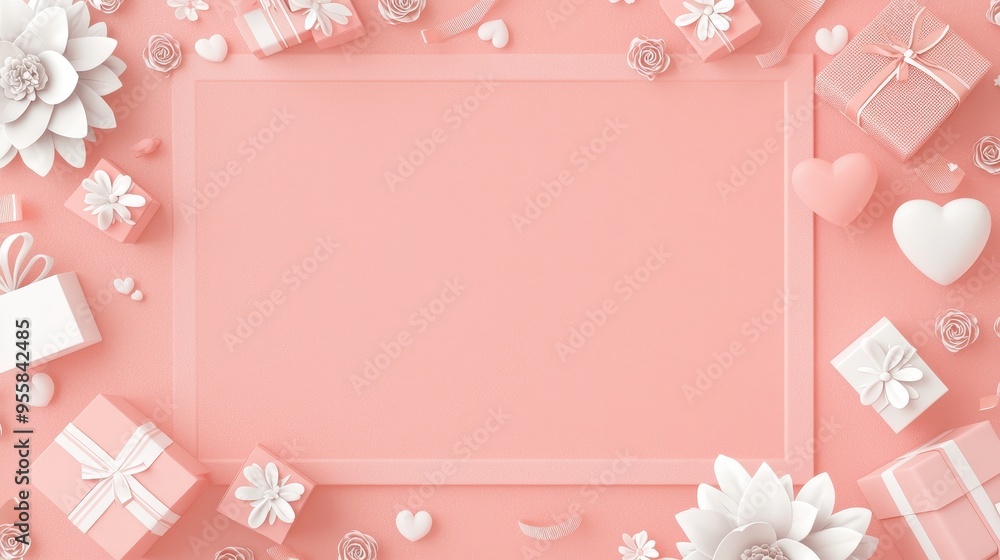Pink and White Gift Boxes Flowers and Hearts Background Pink and White Gift Boxes Flowers and Hearts Background